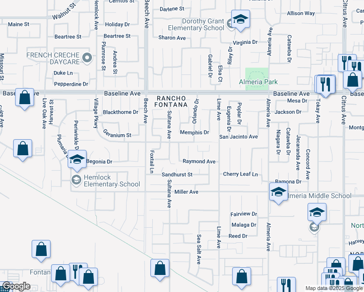 map of restaurants, bars, coffee shops, grocery stores, and more near 7501 Lytle Creek Court in Fontana
