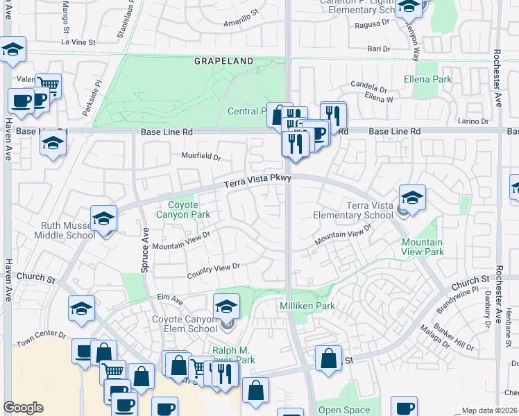 map of restaurants, bars, coffee shops, grocery stores, and more near 7545 Calais Court in Rancho Cucamonga