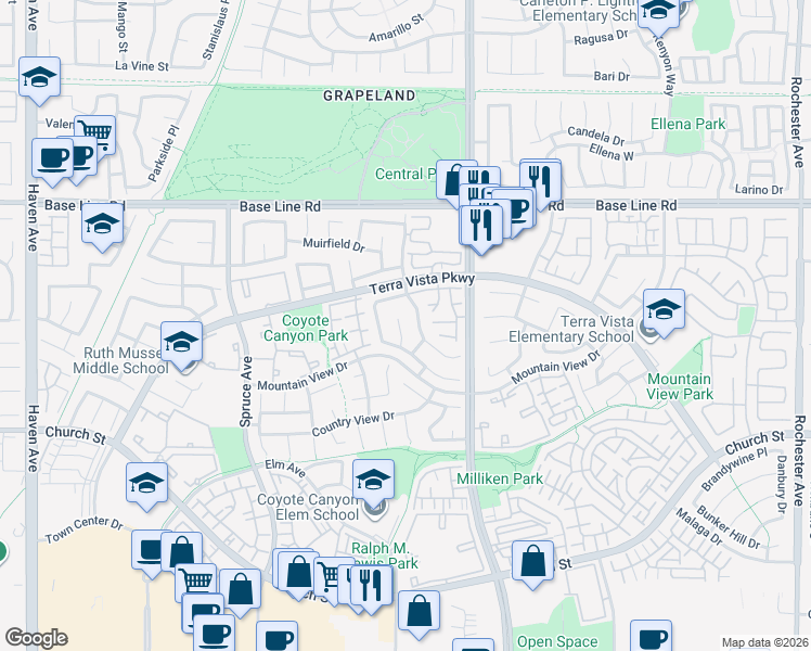 map of restaurants, bars, coffee shops, grocery stores, and more near 7545 Calais Court in Rancho Cucamonga