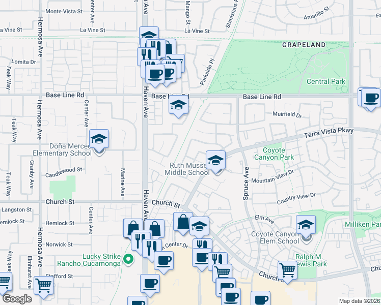 map of restaurants, bars, coffee shops, grocery stores, and more near 7516 Windsong Place in Rancho Cucamonga