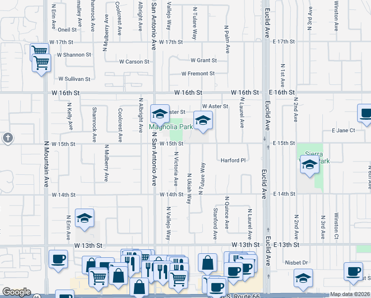 map of restaurants, bars, coffee shops, grocery stores, and more near 1490 North Victoria Avenue in Upland