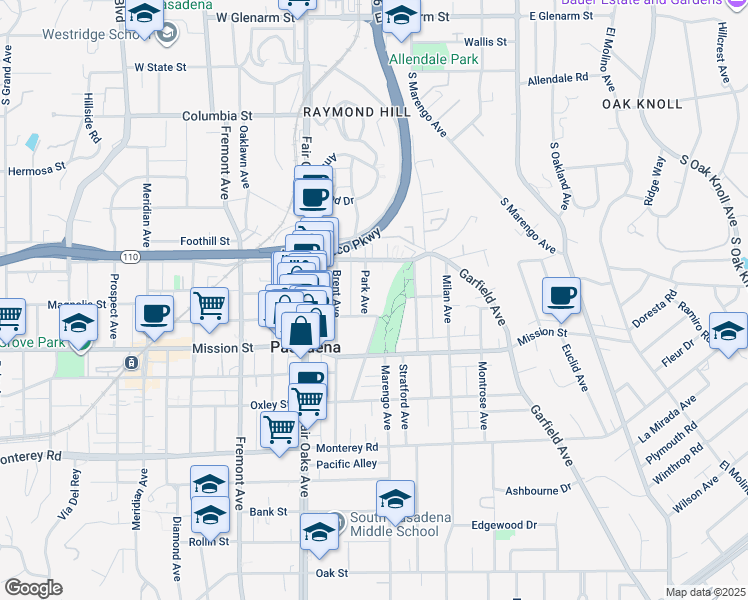 map of restaurants, bars, coffee shops, grocery stores, and more near 716 Park Avenue in South Pasadena