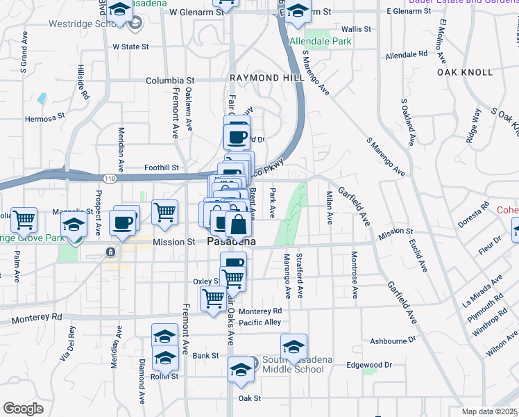 map of restaurants, bars, coffee shops, grocery stores, and more near 724 1/2 Brent Avenue in South Pasadena