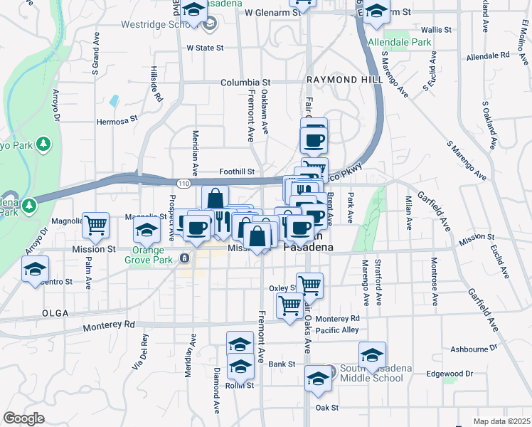 map of restaurants, bars, coffee shops, grocery stores, and more near 705 Fremont Avenue in South Pasadena