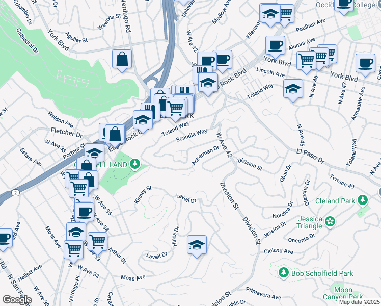 map of restaurants, bars, coffee shops, grocery stores, and more near 3920 Verdugo View Drive in Los Angeles