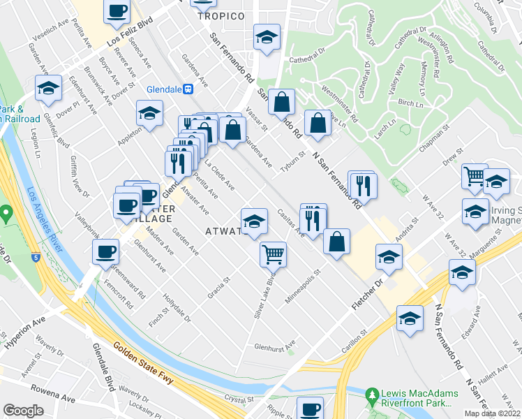 map of restaurants, bars, coffee shops, grocery stores, and more near 3346 Casitas Avenue in Los Angeles
