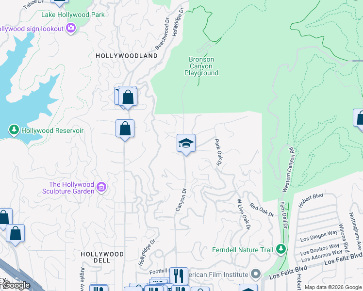 map of restaurants, bars, coffee shops, grocery stores, and more near 5862 Spring Oak Drive in Los Angeles