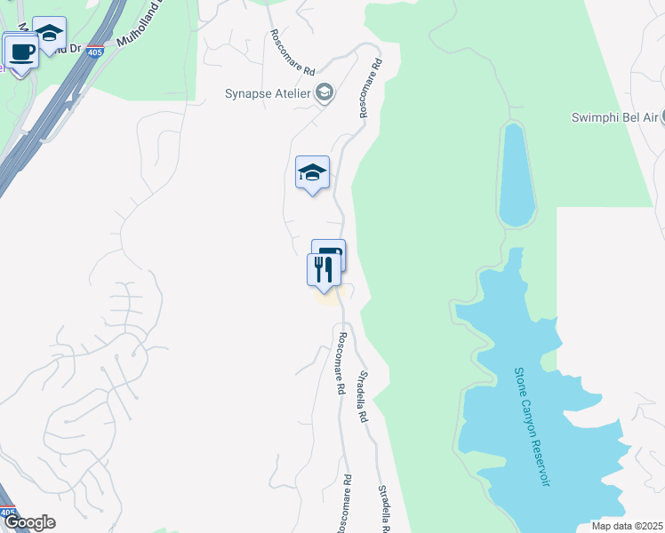map of restaurants, bars, coffee shops, grocery stores, and more near 2354 Roscomare Road in Los Angeles