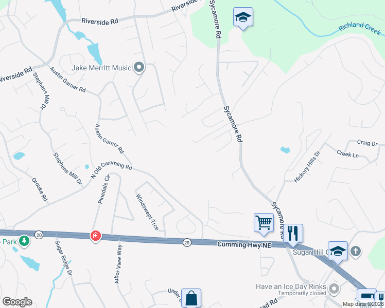 map of restaurants, bars, coffee shops, grocery stores, and more near 5514 Sycamore Road in Buford