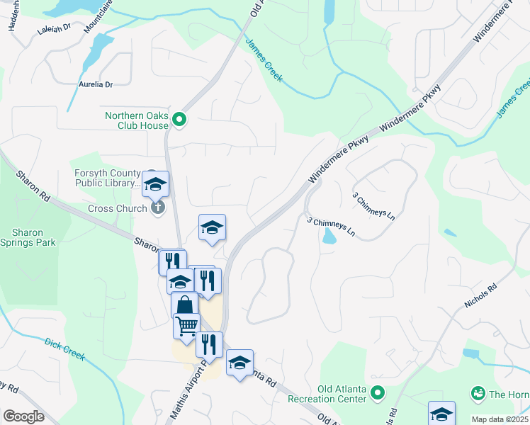 map of restaurants, bars, coffee shops, grocery stores, and more near 3530 Horizon Court in Cumming
