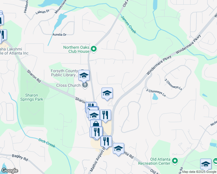 map of restaurants, bars, coffee shops, grocery stores, and more near 3665 Pennington Road in Cumming