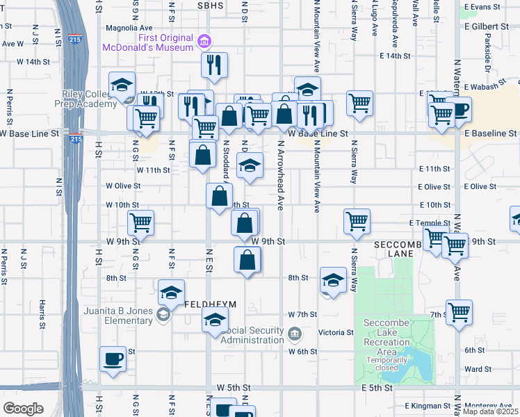 map of restaurants, bars, coffee shops, grocery stores, and more near 355 West 10th Street in San Bernardino