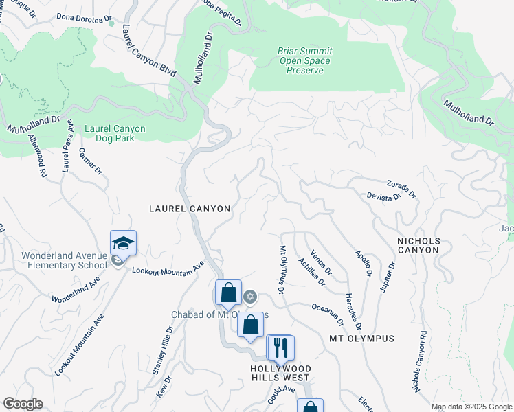 map of restaurants, bars, coffee shops, grocery stores, and more near 2557 Leicester Drive in Los Angeles