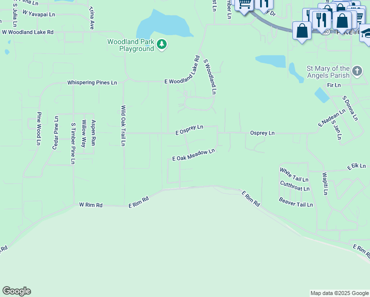 map of restaurants, bars, coffee shops, grocery stores, and more near 443 East Meadow Lane in Pinetop-Lakeside