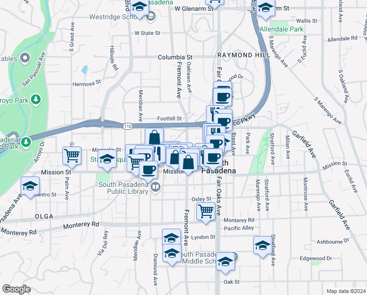 map of restaurants, bars, coffee shops, grocery stores, and more near 705 Fremont Avenue in South Pasadena