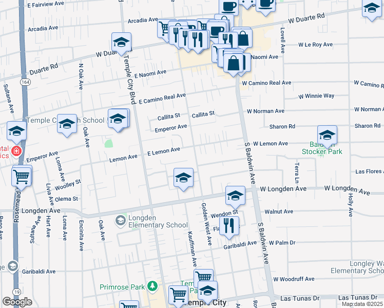 map of restaurants, bars, coffee shops, grocery stores, and more near 6443 Golden West Avenue in Temple City