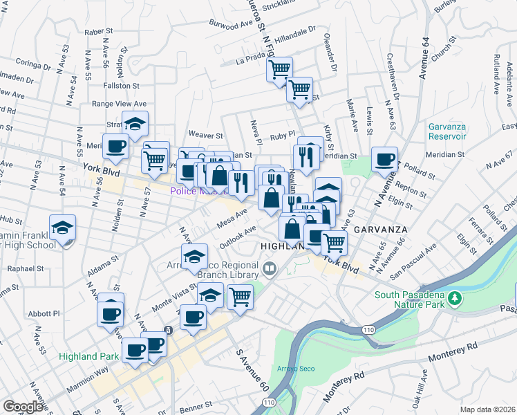 map of restaurants, bars, coffee shops, grocery stores, and more near 6089 York Boulevard in Los Angeles