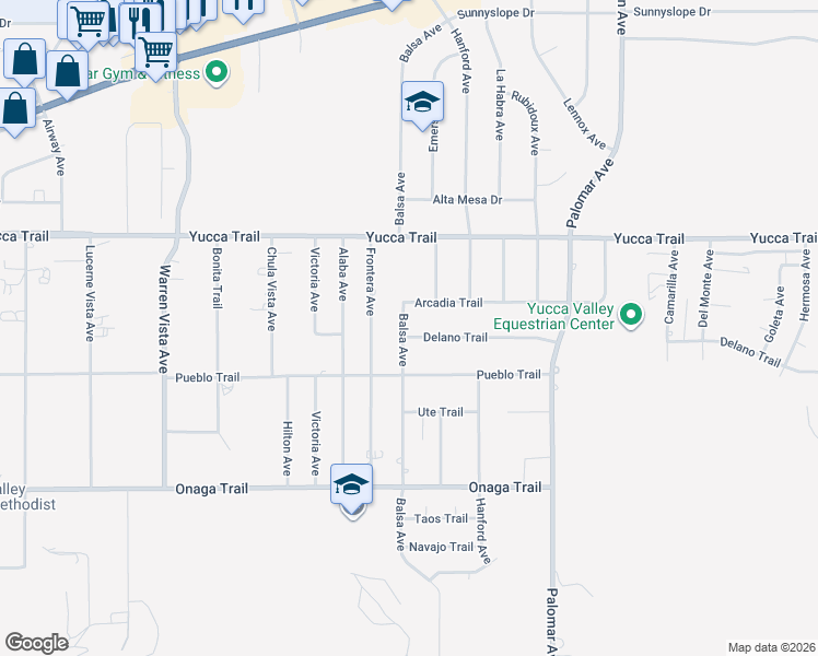 map of restaurants, bars, coffee shops, grocery stores, and more near 7447 Balsa Avenue in Yucca Valley