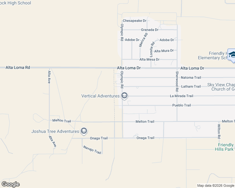 map of restaurants, bars, coffee shops, grocery stores, and more near 7454 Olympic Road in Joshua Tree