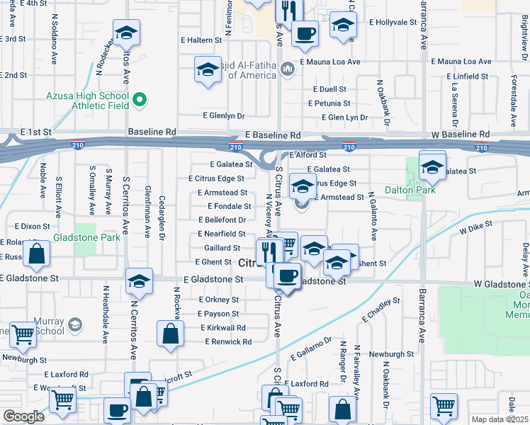 map of restaurants, bars, coffee shops, grocery stores, and more near 5739 North Viceroy Avenue in Azusa
