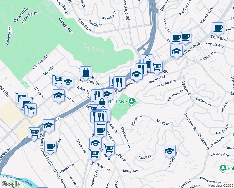 map of restaurants, bars, coffee shops, grocery stores, and more near 3719 Verdugo Road in Los Angeles