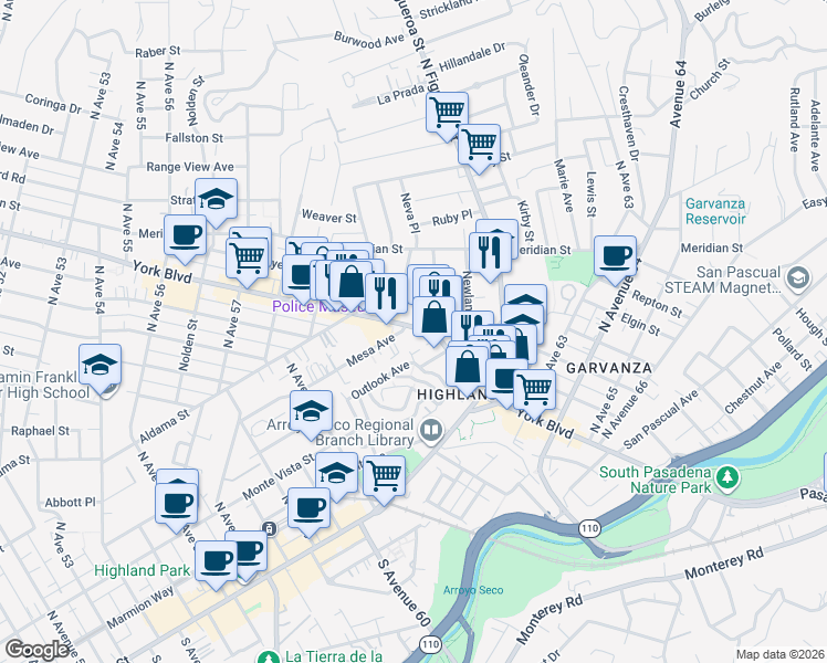 map of restaurants, bars, coffee shops, grocery stores, and more near 6072 York Boulevard in Los Angeles