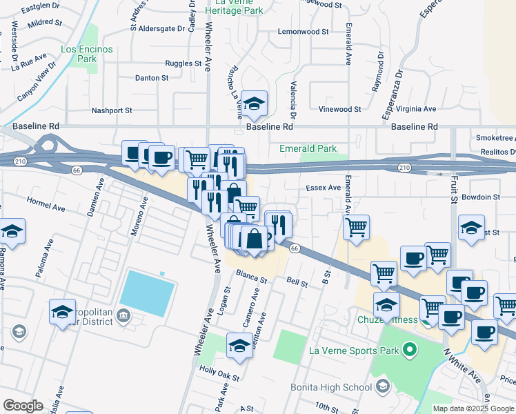 map of restaurants, bars, coffee shops, grocery stores, and more near 3853 Bixby Drive in La Verne