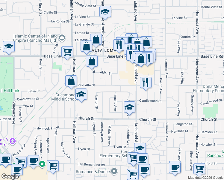 map of restaurants, bars, coffee shops, grocery stores, and more near 9540 Balsa Street in Rancho Cucamonga