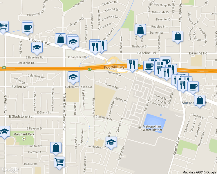 map of restaurants, bars, coffee shops, grocery stores, and more near 976 Hormel Ave in La Verne