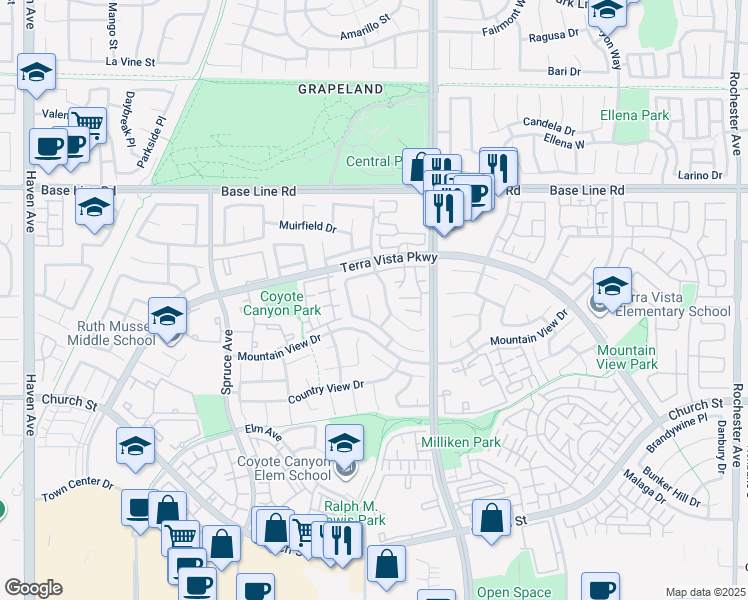 map of restaurants, bars, coffee shops, grocery stores, and more near 7545 Calais Court in Rancho Cucamonga