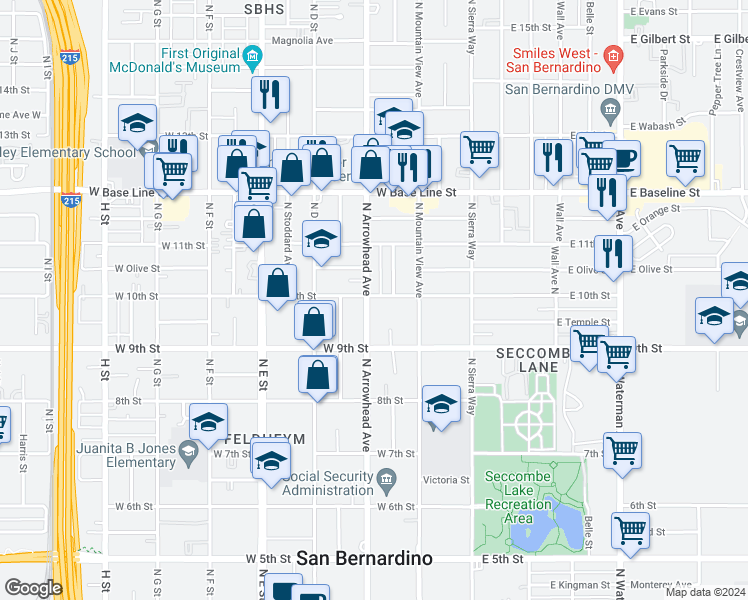 map of restaurants, bars, coffee shops, grocery stores, and more near 995 North Arrowhead Avenue in San Bernardino