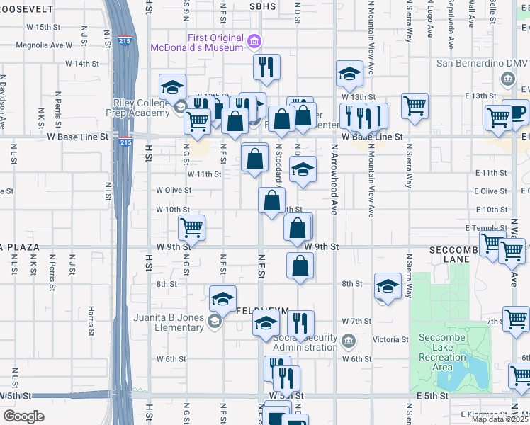 map of restaurants, bars, coffee shops, grocery stores, and more near 457 West 10th Street in San Bernardino