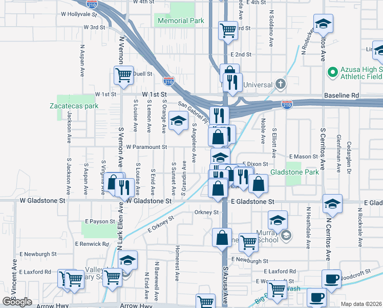 map of restaurants, bars, coffee shops, grocery stores, and more near 309 S Angeleno Ave in Azusa