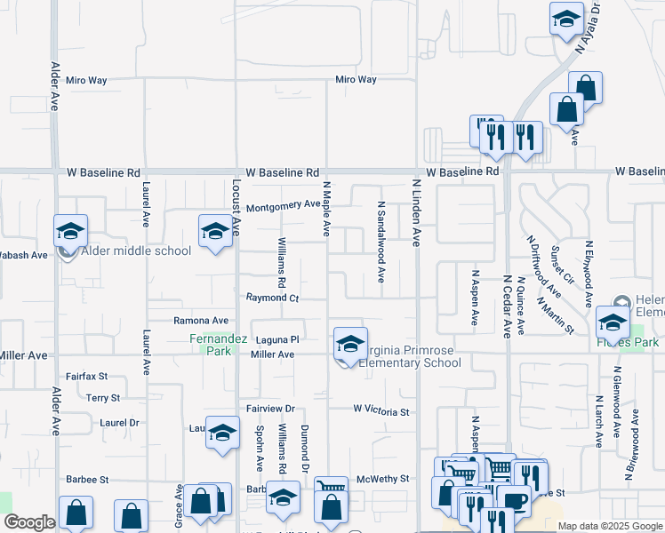 map of restaurants, bars, coffee shops, grocery stores, and more near 1698 West Madrona Street in Rialto