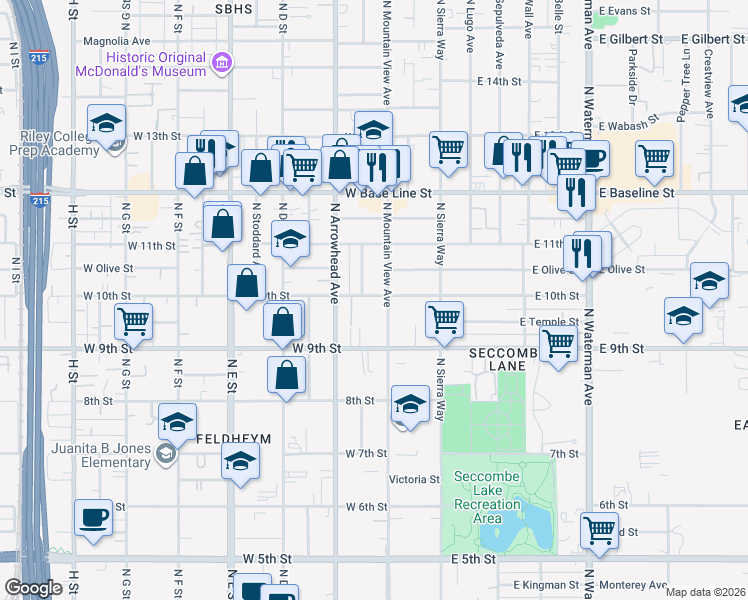 map of restaurants, bars, coffee shops, grocery stores, and more near 225 West 10th Street in San Bernardino