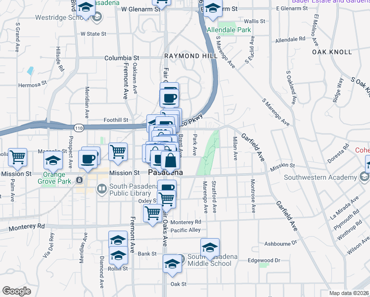 map of restaurants, bars, coffee shops, grocery stores, and more near 718 Brent Avenue in South Pasadena