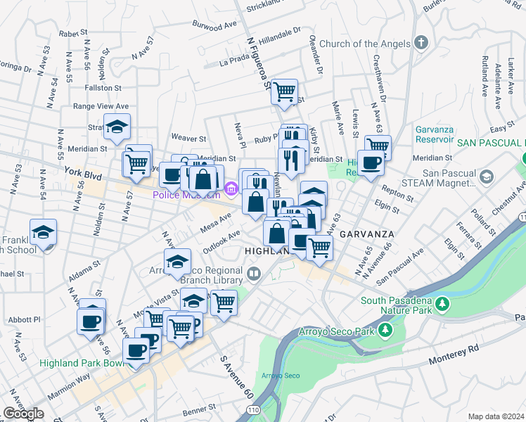 map of restaurants, bars, coffee shops, grocery stores, and more near 6101 York Boulevard in Los Angeles
