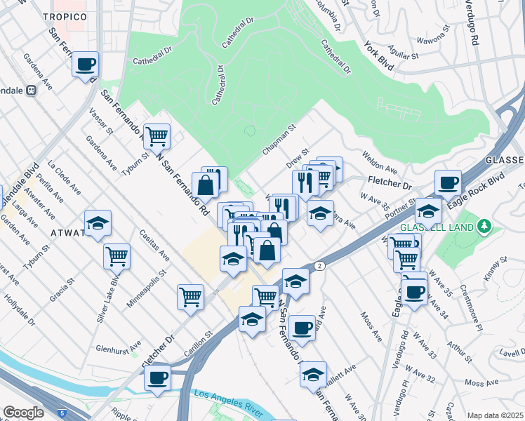 map of restaurants, bars, coffee shops, grocery stores, and more near 3101 Andrita St in Los Angeles