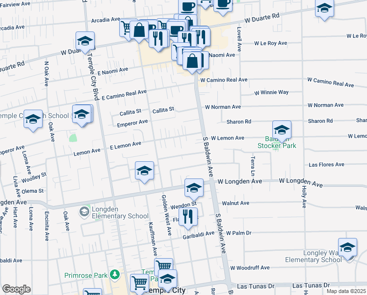 map of restaurants, bars, coffee shops, grocery stores, and more near 1822 Rowland Avenue in Arcadia