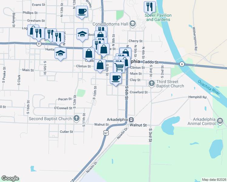 map of restaurants, bars, coffee shops, grocery stores, and more near 508 S 8th St in Arkadelphia