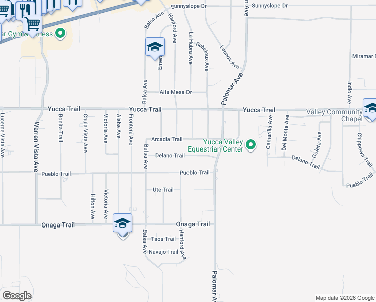map of restaurants, bars, coffee shops, grocery stores, and more near 58292 Delano Trail in Yucca Valley