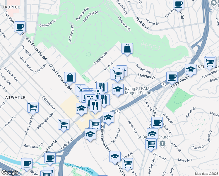 map of restaurants, bars, coffee shops, grocery stores, and more near 3255 Fletcher Drive in Los Angeles