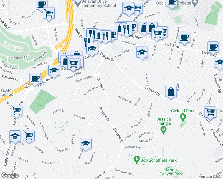 map of restaurants, bars, coffee shops, grocery stores, and more near 4200 Verdugo View Drive in Los Angeles