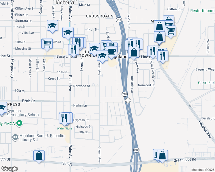 map of restaurants, bars, coffee shops, grocery stores, and more near 7511 Buckeye Street in Highland