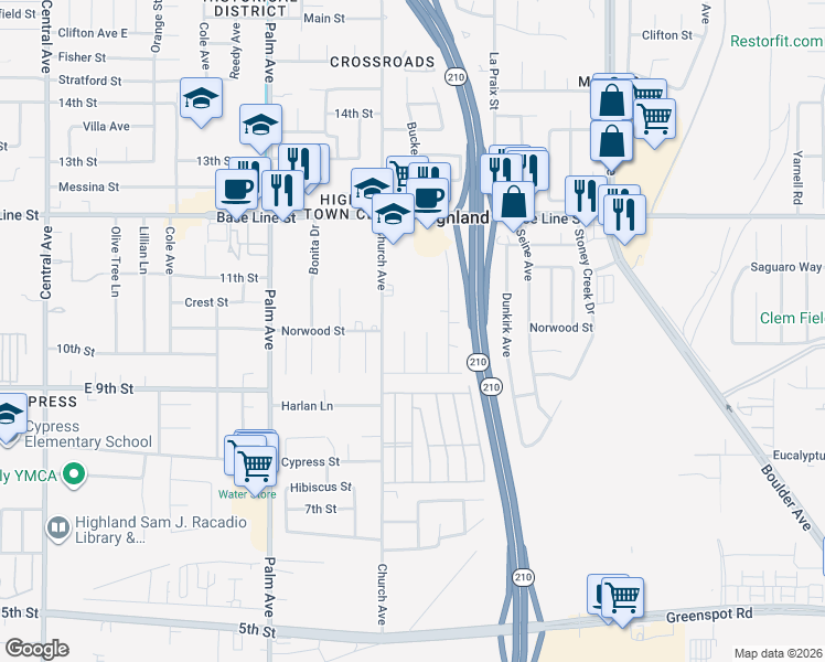 map of restaurants, bars, coffee shops, grocery stores, and more near 7511 Buckeye Street in Highland