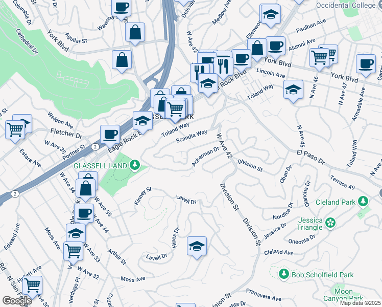 map of restaurants, bars, coffee shops, grocery stores, and more near 3920 Verdugo View Drive in Los Angeles