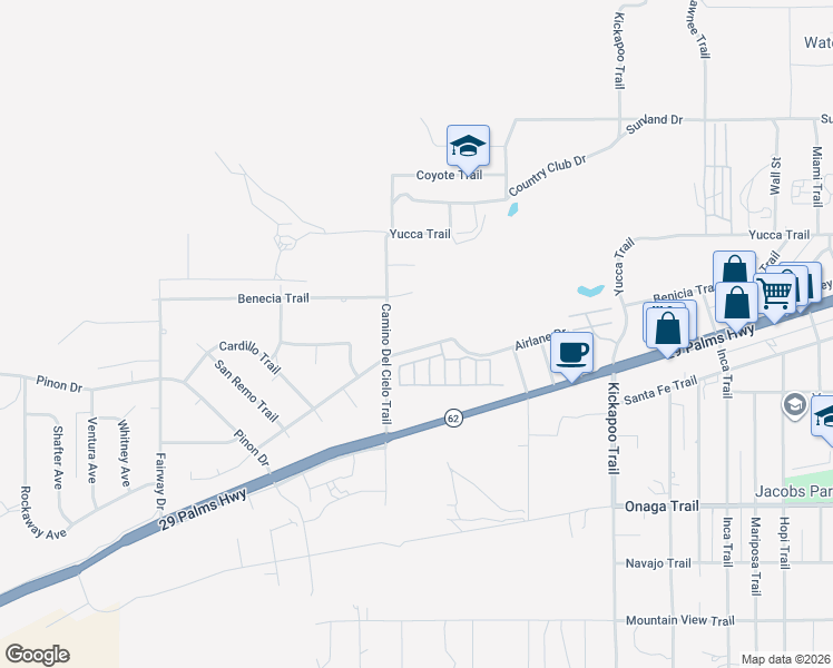 map of restaurants, bars, coffee shops, grocery stores, and more near 7399 Camino Del Cielo Trail in Yucca Valley