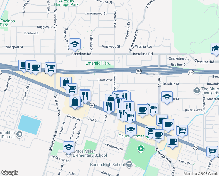 map of restaurants, bars, coffee shops, grocery stores, and more near 4265 Emerald Avenue in La Verne