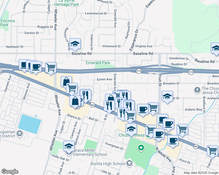 map of restaurants, bars, coffee shops, grocery stores, and more near 4265 Emerald Avenue in La Verne