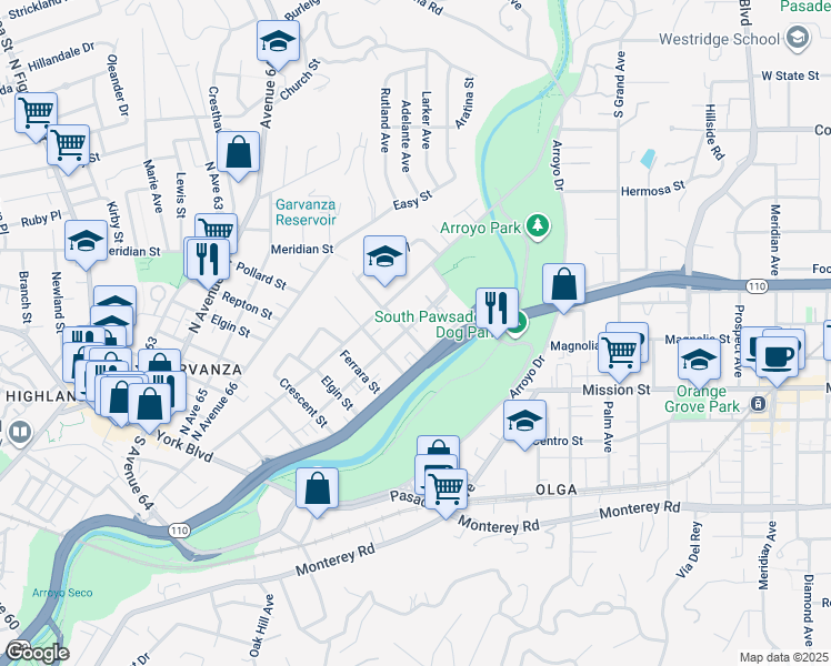 map of restaurants, bars, coffee shops, grocery stores, and more near 6811 Hough Street in Los Angeles
